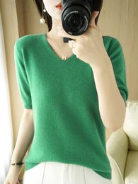 Women's TShirt Spring and Summer Shortsleeved Women Vneck Slim Cotton Blend Pullover Vest Tshirt Knitted Base Casual Knit Sweater 230110