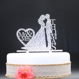 Gift Wrap Personalized Wedding Cake Topper Acrylic silver gold glitter Custom wedding Bride holding and Grooms cake topper last name 230110