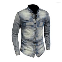 Men's Jackets Men's Denim Shirt Retro Stand Collar Long Sleeve Patch Blue Plaid Patchwork Style Casual Camisas Chemise Homme Thin Coat