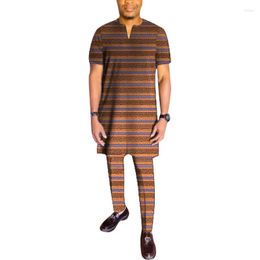 Men's Tracksuits Simple Design African Print V-Neck Shirt Patch Pant Men's Sets Short Sleeve Tops Trousers Male Nigerian Outfits