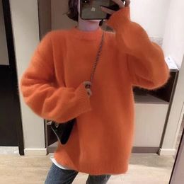 Women's Sweaters JSXDHK Oversized Autumn Winter Mohair Knitted Thick Sweater Elegant Women Orange Mink Cashmere Soft Long Sleeve Loose Pullo