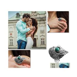 Band Rings Turquoise Ring Vintage Tibetan Sier Indian Wind Pine Stone Wings Eagle Big Eye Green Drop Delivery Jewelry Dhd7D