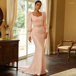 Casual Dresses Women Long Sleeve Square Collar High Waist Sequined Cocktail Prom Evening Party Floor Length Maxi Mermaid Dress