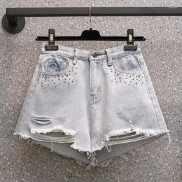 Women's Jeans Women's Summer Solid Colour Diamond-studded Hole High Waist Button Shorts Fashion All-match Pants Female Clothing