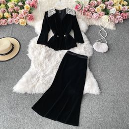 Women's lace turn down collar velvet fabric peplum top and mermaid midi long skirt twinset 2 piece dress suit SML