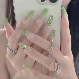 False Nails Super Long Heart Green Diamond Aurora Gradient Set Press On Fake Art Wish French Nail Tips