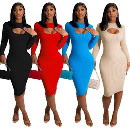 Wholesale Knitted Dresses Women Fall Winter Long Sleeve Bodycon Dress Plus Size 2XL Casual Solid Ribbed Skirts Sexy Hollow out Dress Party Wear Streetwear 8483