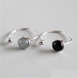 Silver New Simple Style 925 Sterling Sier Round Beads Black Agate Moon Stone Open Size Rings For Women Statement Adjustable Ring Dro Dh8Ya