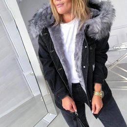 Women's Down Parkas Wool Collar Cowboy Splicing Denim Coat Winter Women Long Sleeve Thicken Faux Fur Hood Plush Jackets Warm Plus Size Jacket 230109