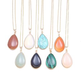 Pendant Necklaces Natural Stone Necklace Gold Plated Water Drop Crystal Opal Malachite Jewelry Gifts For Women 25x20mm