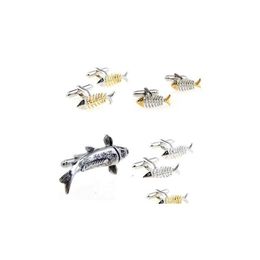 Cuff Links 10Pairslot Swimming Fish Cufflinks Fishbone Copper Plating Bone Mens Jewellery Wholesale 221022 Drop Delivery Tie Clasps Dh4Cn