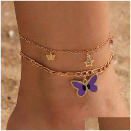 Anklets 2 Pcsset Enamel Butterfly Charm Ankle Bracelets For Women Cute Star Fringed Anklet Bracelet Boho Girls Foot Chain Beach Jewe Dhbqn