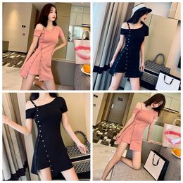 Casual Dresses Summer Sexy Strapless Irregular Slim T-shirt Dress Solid Colour Rivet Mini1