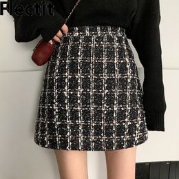 Skirts Flectit Fall Winter Plaid Wool Womens Plus Size Thick Woollen Glitter Tweed Mini Saia Feminina 230110