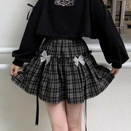 Skirts HOUZHOU Kawaii Gothic Lolita Plaid Skirt Women Goth Bow Black High Waist Aline Mini Japanese Style Harajuku Soft Girl 230110