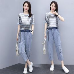 Women's Two Piece Pants One-Piece/Set Jacket Women's 2023 Summer Suit Ice Silk Short-Sleeved Top Cotton Two-Piece Nine-Point Jeans