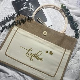 Gift Wrap Personalised Name Shopping Tote Bag with pockets Easter Burlap Bags Wedding s For Bridesmaid Christmas Storage 230110