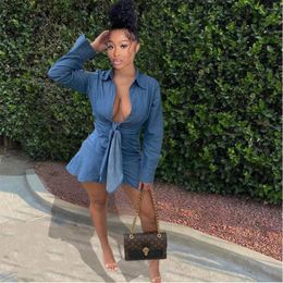 Casual Dresses Women Lace Up Denim Shirt Dress Long Sleeve Turn-down Collar Mini Autumn Spring Sundresses Blue Streetwear