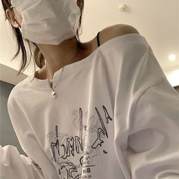 Women's TShirt HOUZHOU White Tshirt Long Sleeve Y2k Top Korean Fashion Graphic Off Shoulder Oversize Tees Black Harajuku Tshirt Vintage 230110