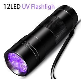 12 led Krychain UV flashlight 395-400NM Ultra Violet lights Torch aluminium alloy outdoor waterproof Flashlights Torch Scorpion Detector Finder lamp