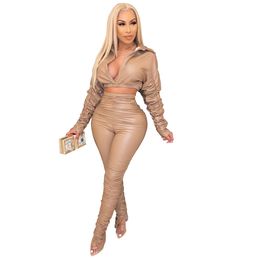 New Wholesale Tracksuits Two Piece Set Women PU Leather Outfits Fall Winter Clothes Long Sleeve Deep V Neck Crop Top and Stacked Pants Casual Matching Sets 8520