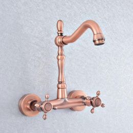 Bathroom Sink Faucets Antique Red Copper Wall Mounted Dual Handle Kitchen Faucet 360 Rotate Swivel Basin Mixer Tap Lsf863