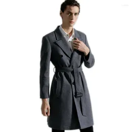 Men's Wool Men Double Breasted Belted Business Fashion Blend Blazer Coat Jackets Lapel Oversize S-6XL