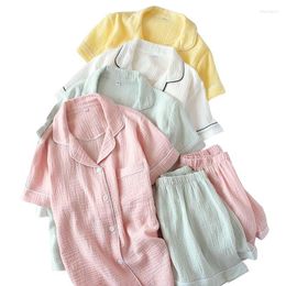 Women's Sleepwear 2023 Summer Ladeis Sweet Candy Colour Gauze Cotton Solid Pyjamas Set Short Sleeve Pants Women Cute Homewear Casual Wear