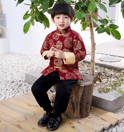 Clothing Sets Spring Costumes Chinese Year Clothes For Kids Baby Boys Tang Suit Coat Red-Crowned Printing Retro Tops And Pants Set