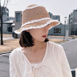 Wide Brim Hats OMEA Straw Hat For Women Korea Style Colourful Knitting Hemming Bucket Designer Cute Sun Harajuku Fashionable Summer