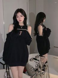 Women's Hoodies Deeptown Gothic Black Women Grunge Kpop Oversized Sweatshirts Loose Casual Off Shoulder Pullover Tops Y2K Clothes 2000s