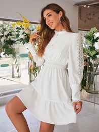 Casual Dresses Puff Sleeve Embroidered Office Dress Women's 2023 Fall Lace White Bridesmaid Evening Elastic Waist Hollow Vest