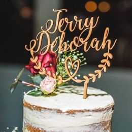 Gift Wrap Personalised Couple Name Wooden Cake Topper Custom Acrylic Mirror Rose Gold Black Wedding Decorations Anniversary Party 230110