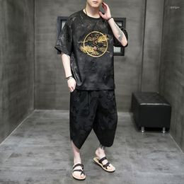 Men's Tracksuits Summer Chinese Style Traditional Embroidery Suit Plus Size Ice Silk Hanfu T Shirt Shorts Harajuku Men Clothing Tracksuit