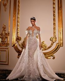 Ball Gown Wedding Dresses Appliques V Neck Middle Sleeves Sequins Ruffles Pearls Appliques Floor Length Detachable Train Formal Dresses Bridal Gowns Plus Size