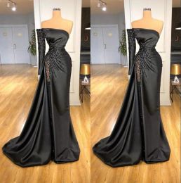 Dresses Prom 2023 Black Mermaid One Shoulder Long Sleeves Crystals Beaded Custom Made Ruched Evening Party Gowns Vestidos Formal Ocn Wear