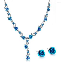 Necklace Earrings Set Fashion Metal Rose Wedding Bridal For Women Flower Marriage African Jewelry