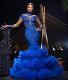 Aso Ebi Royal Blue Mermaid Evening Dresses Tiered Ruffles Long Sleeves Formal Dress Applique Lace Beaded High Neck Reception Gowns Custom Made Prom Wear