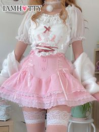 Skirts IAMTY Coquette Aesthetic Mini Skirt Pink Cascading Ruffle Aline Buttons Laceup Kawaii Japanese Fairycore Outfit Y2K 230110