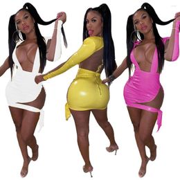 Casual Dresses Sexy PU Mesh Club Dress Deep V Neck Party Wear Women Long Sleeve Patchwork Mini Nigtclub Runway 2023 Fall Clothes