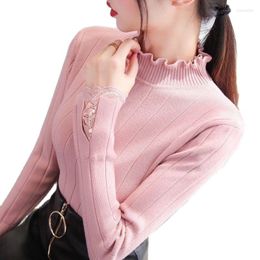 Women's Sweaters Sweater Women's Jacket Plus Velvet Thickening Autumn Winter2023 Half High Neck Pullover Lace Bottoming Shirt Female Top