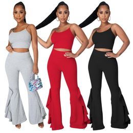 Women's Two Piece Pants Backless Tank Crop Top And Flare Ruffles Matching Sets Sexy Casual Outfits For Women Solid Color Set Summer 2023