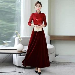 Ethnic Clothing Arrivals Women Velvet Long Dress Cheongsam Spring Autumn Plus Size Female Formal Dresses Qipao Printing Embroidery