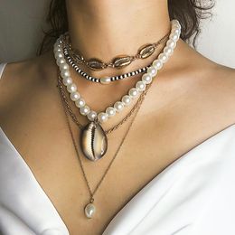 Pendant Necklaces Vintage Bohemian Exaggerated Big Sea Shell For Women Multilayer Simulated Pearl Necklace Beach Jewelry XR2288