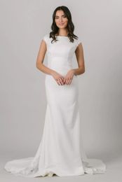 Simple Mermaid Crepe Modest Wedding Dress Cap Sleeves Boat Neck Buttons Back Mermaid Bridal Gowns LDS Bride Dress