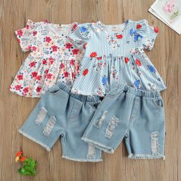 Clothing Sets OPPERIAYA 2Pc Kids Casual Set Flower Print O-Neck Short Sleeve Pullover T-shirt Ripped Denim Shorts For Summer 18 Months-6