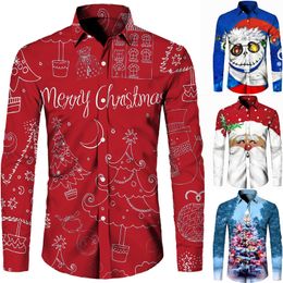 Men's Casual Shirts Christmas Theme 3D Printed Button Fashion Long Sleeve Blouse Holiday Party Tops Year Couple Streetwear Clothing 230111