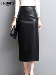 Skirts Lautaro Spring Autumn Long Black Faux Leather Pencil Midi Skirt Women with Side Slit Zipper High Waist Luxury Elegant Buttoms P230420