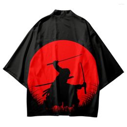 Ethnic Clothing Japanese Style Samurai Swordsman Print Kimono Streetwear Men Cardigan Haori Black Robe Clothes 2023 Summer Shirts Tops