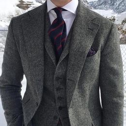 Men's Suits & Blazers Autumn And Winter Grey Wool Tweed Men For Wedding Formal Groom Tuxedo 3 Piece Fashion Set Jacket Vest With Pants